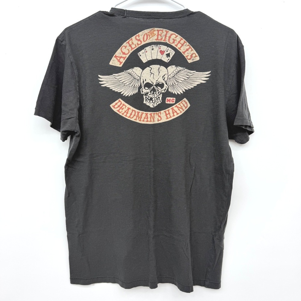 Lucky Brand T-Shirt Aces Over Eights Deadmans Hand Biker Skull Mens Medium Gray